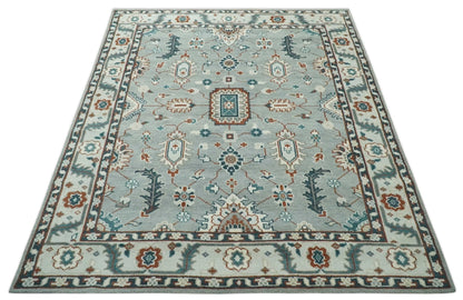 Custom Made Hand Knotted Silver, Teal, Ivory and Brown Traditional Oriental Oushak wool area Rug.