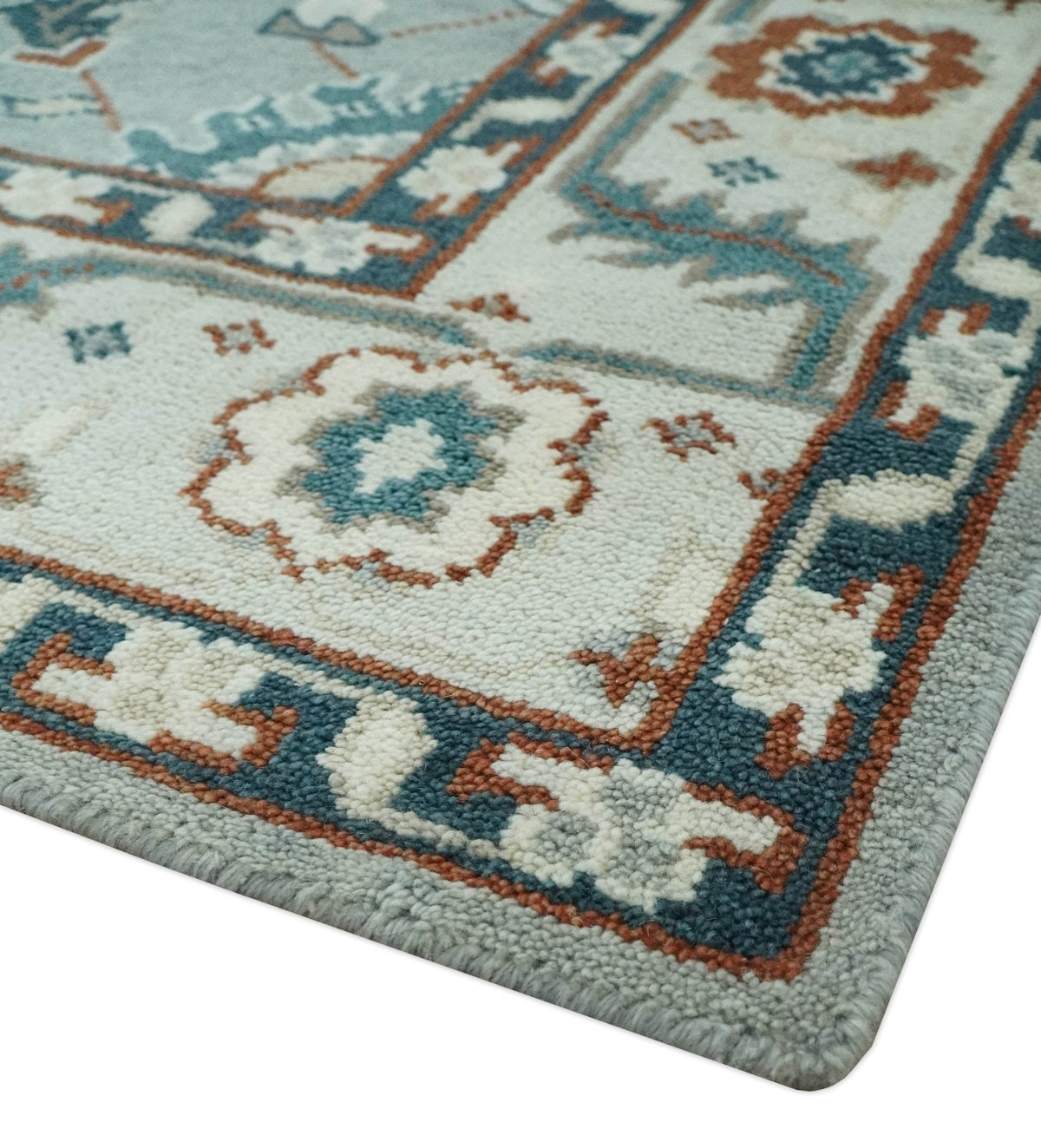 Custom Made Hand Knotted Silver, Teal, Ivory and Brown Traditional Oriental Oushak wool area Rug.