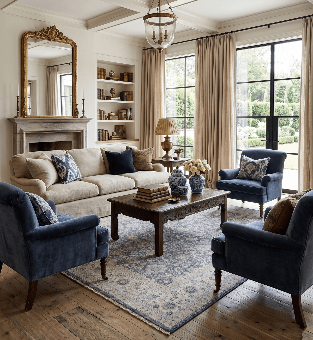 Custom Made Hand Knotted Traditional Blue and Beige Antique Textured Low Pile Distressed Wool Rug.