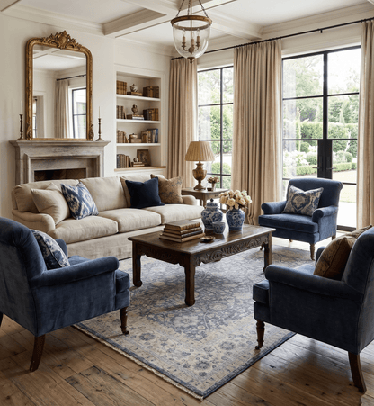 Custom Made Hand Knotted Traditional Blue and Beige Antique Textured Low Pile Distressed Wool Rug.