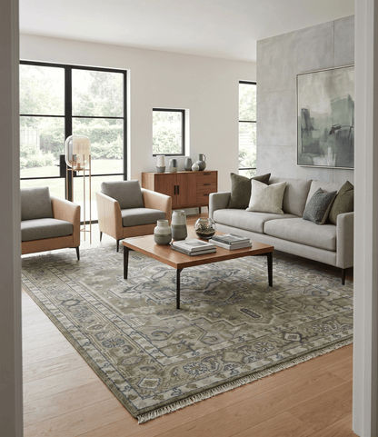 Custom Made Hand Knotted Traditional Green, Silver and Charcoal wool area rug.