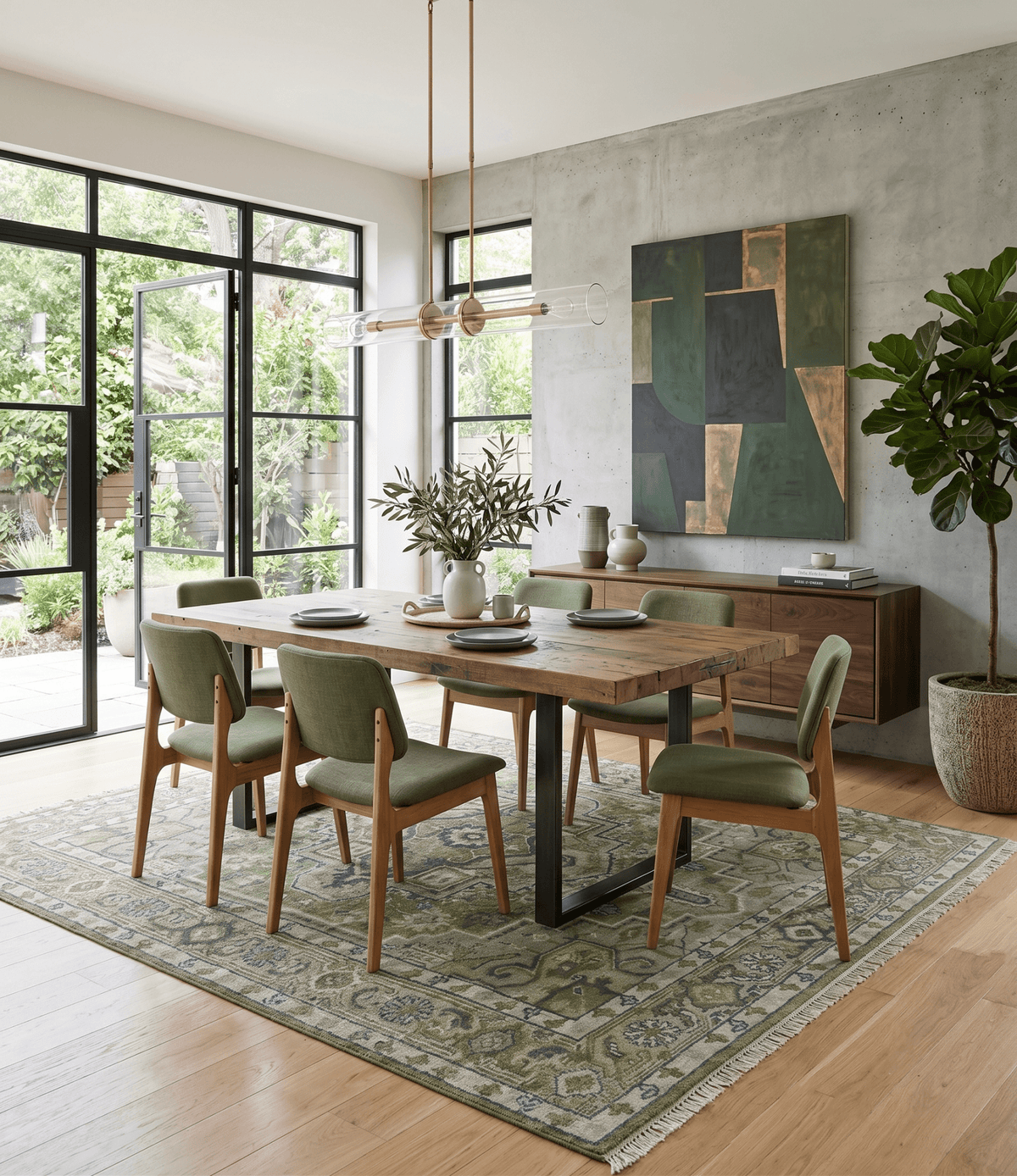 Custom Made Hand Knotted Traditional Green, Silver and Charcoal wool area rug.