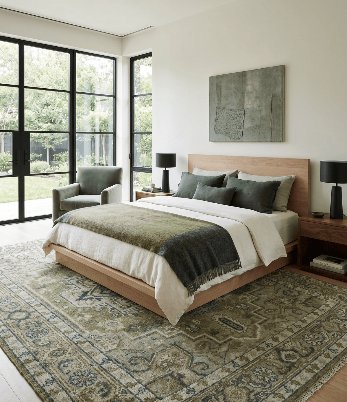 Custom Made Hand Knotted Traditional Green, Silver and Charcoal wool area rug.