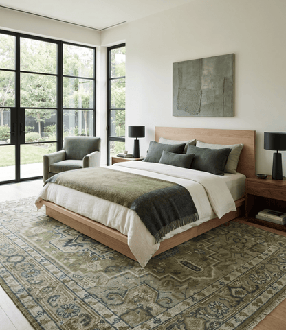 Custom Made Hand Knotted Traditional Green, Silver and Charcoal wool area rug.