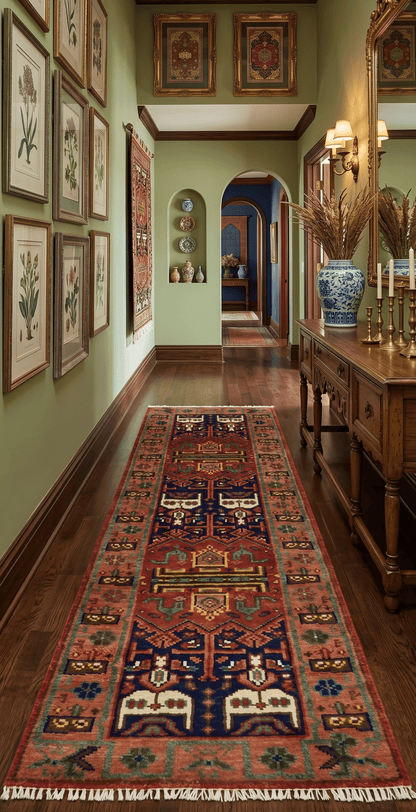 Custom Made Hand Knotted Traditional Rust And Blue Runner Wool Rug.