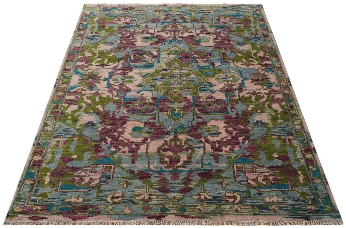 Custom Made Hand Knotted Transitional Green, Pink and Purple wool Area Rug.