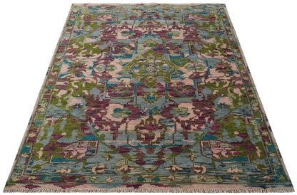 Custom Made Hand Knotted Transitional Green, Pink and Purple wool Area Rug.