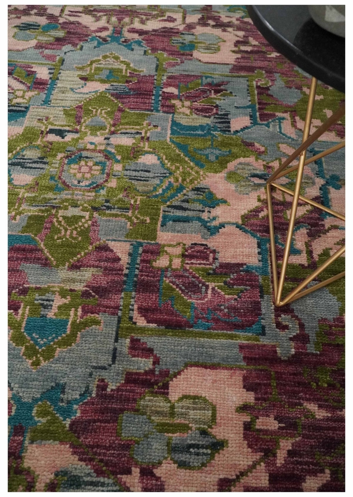 Custom Made Hand Knotted Transitional Green, Pink and Purple wool Area Rug.