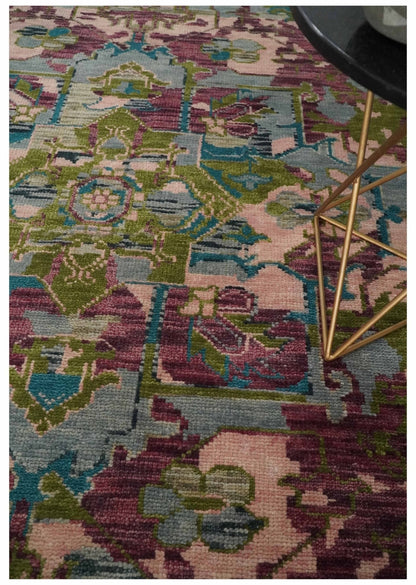 Custom Made Hand Knotted Transitional Green, Pink and Purple wool Area Rug.