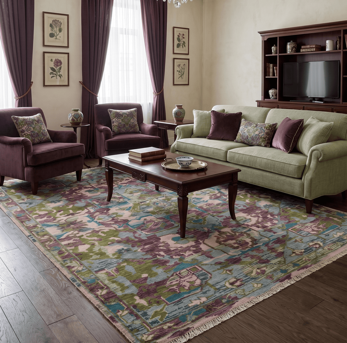 Custom Made Hand Knotted Transitional Green, Pink and Purple wool Area Rug.