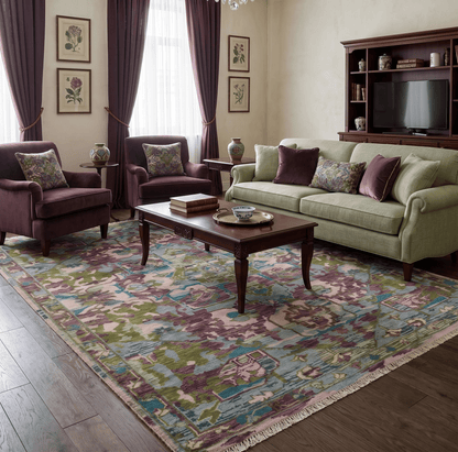 Custom Made Hand Knotted Transitional Green, Pink and Purple wool Area Rug.