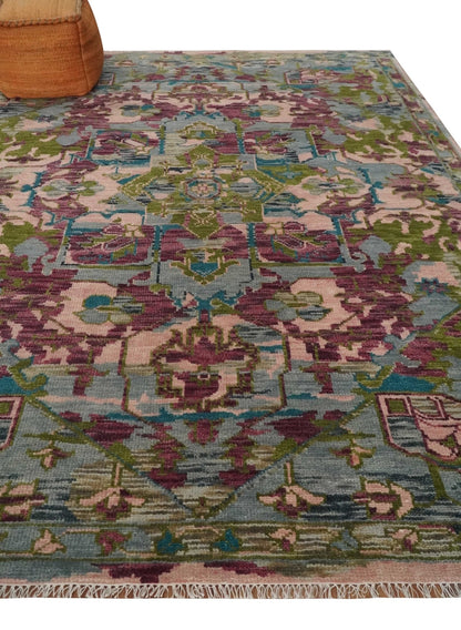 Custom Made Hand Knotted Transitional Green, Pink and Purple wool Area Rug.