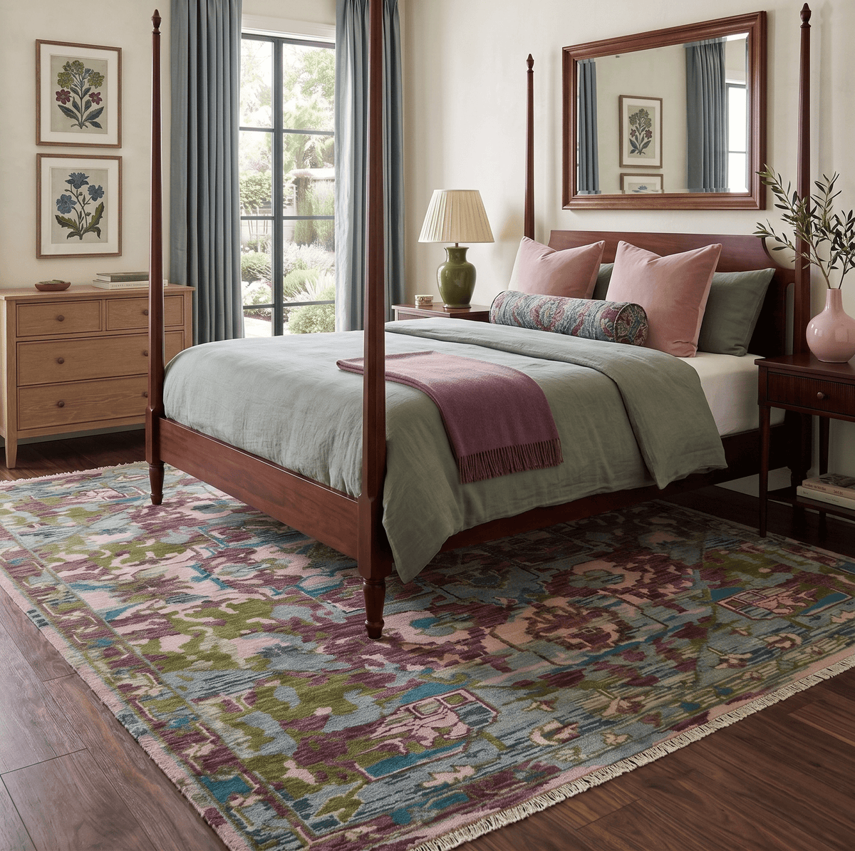 Custom Made Hand Knotted Transitional Green, Pink and Purple wool Area Rug.