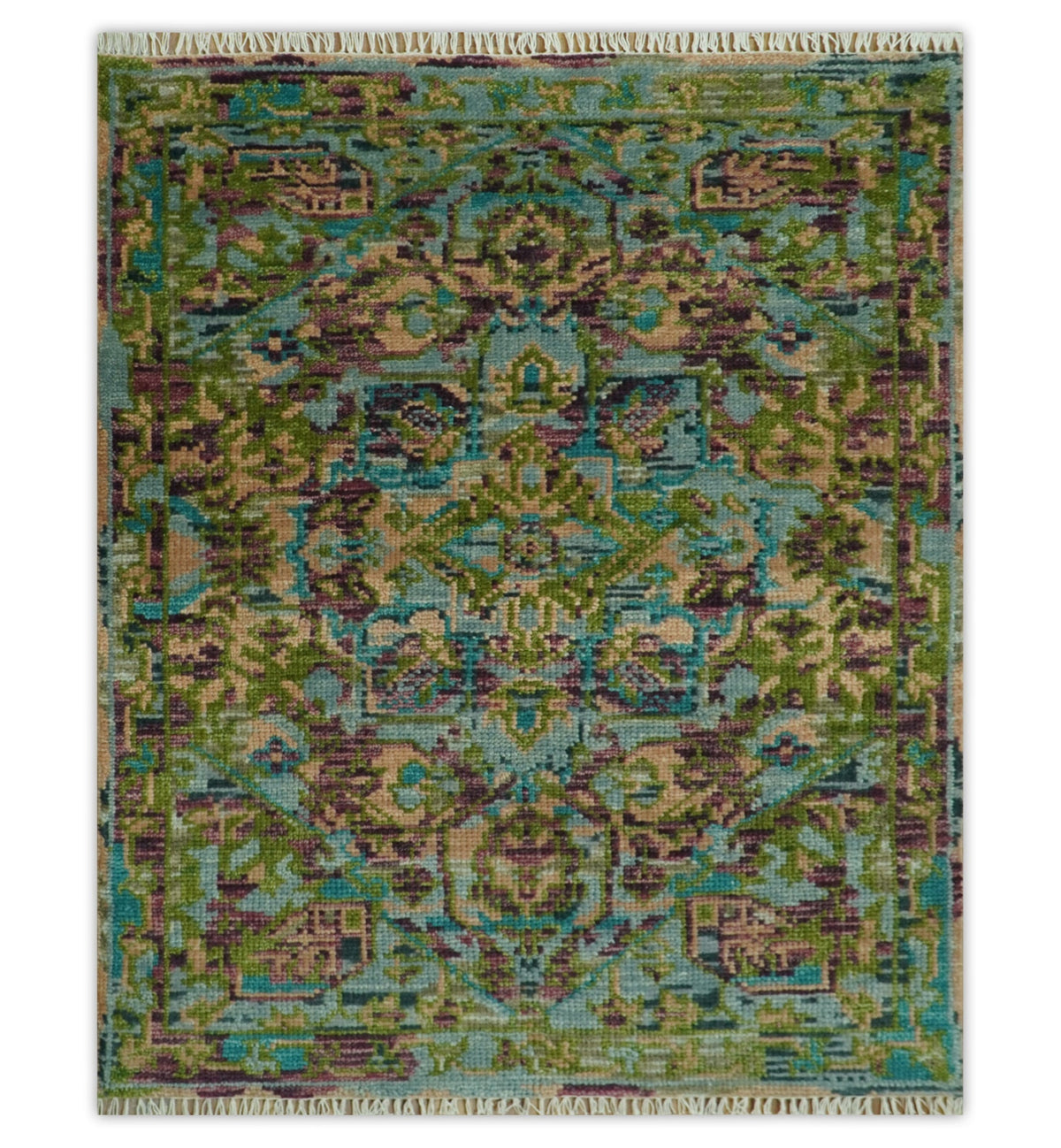 Custom Made Hand Knotted Transitional Green, Pink and Purple wool Area Rug.