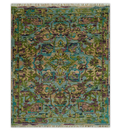 Custom Made Hand Knotted Transitional Green, Pink and Purple wool Area Rug.