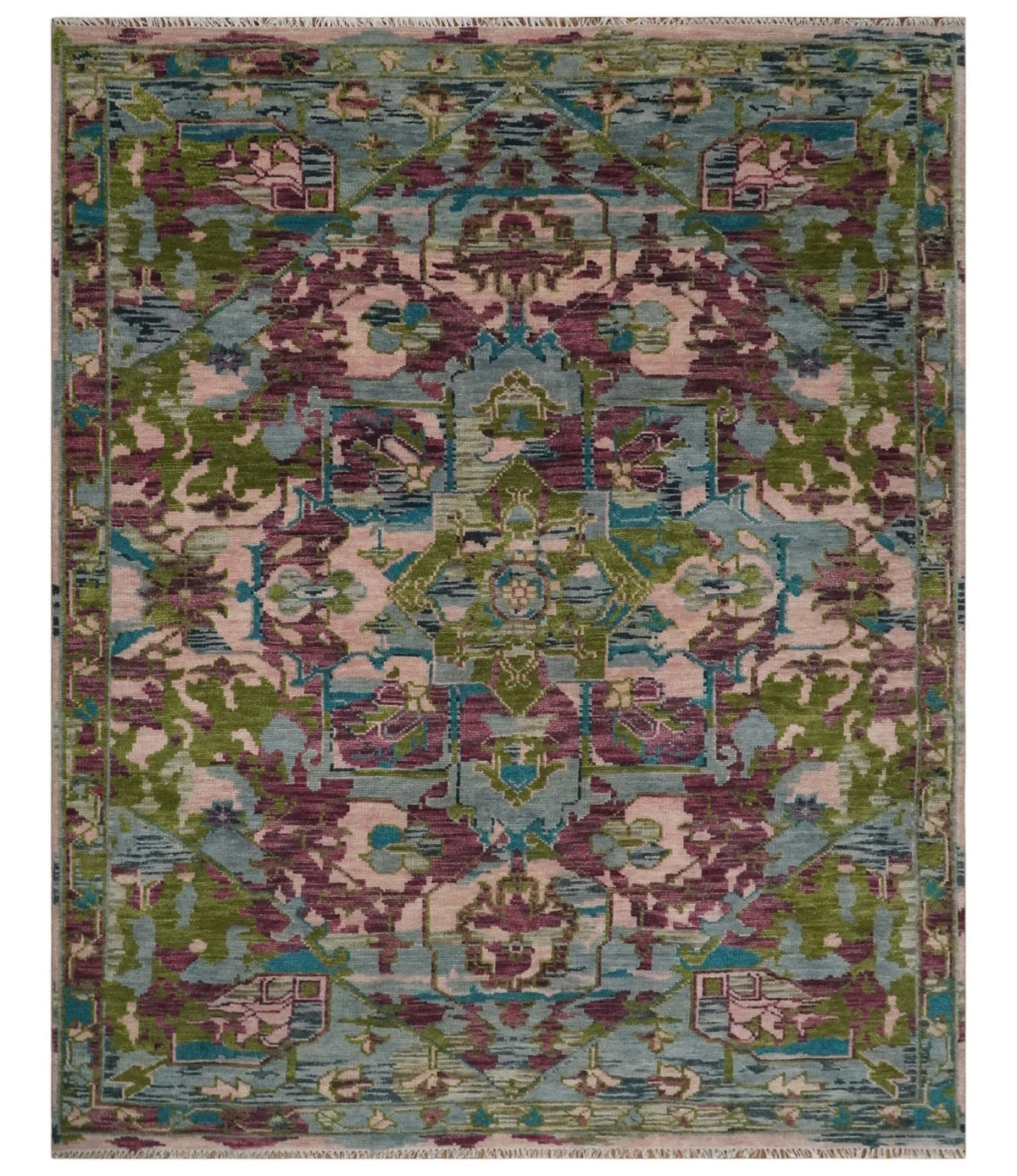 Custom Made Hand Knotted Transitional Green, Pink and Purple wool Area Rug.