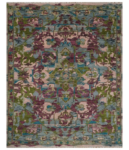 Custom Made Hand Knotted Transitional Green, Pink and Purple wool Area Rug.