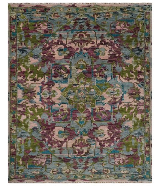 Custom Made Hand Knotted Transitional Green, Pink and Purple wool Area Rug.