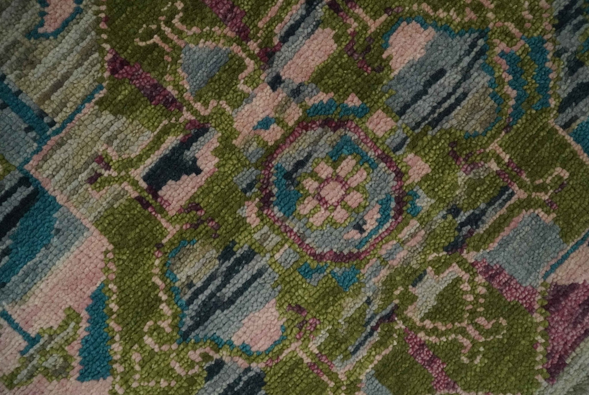 Custom Made Hand Knotted Transitional Green, Pink and Purple wool Area Rug.