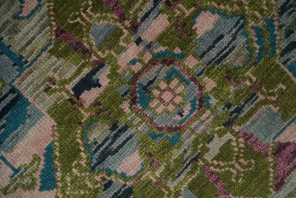 Custom Made Hand Knotted Transitional Green, Pink and Purple wool Area Rug.