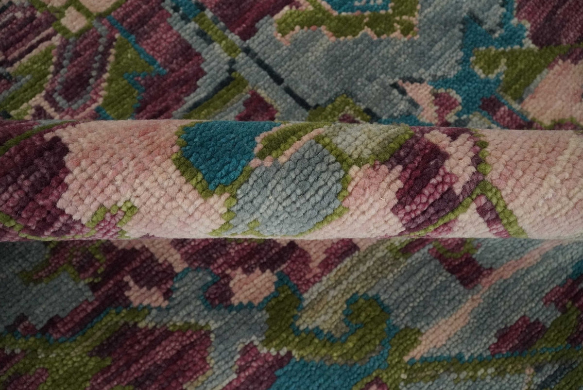 Custom Made Hand Knotted Transitional Green, Pink and Purple wool Area Rug.