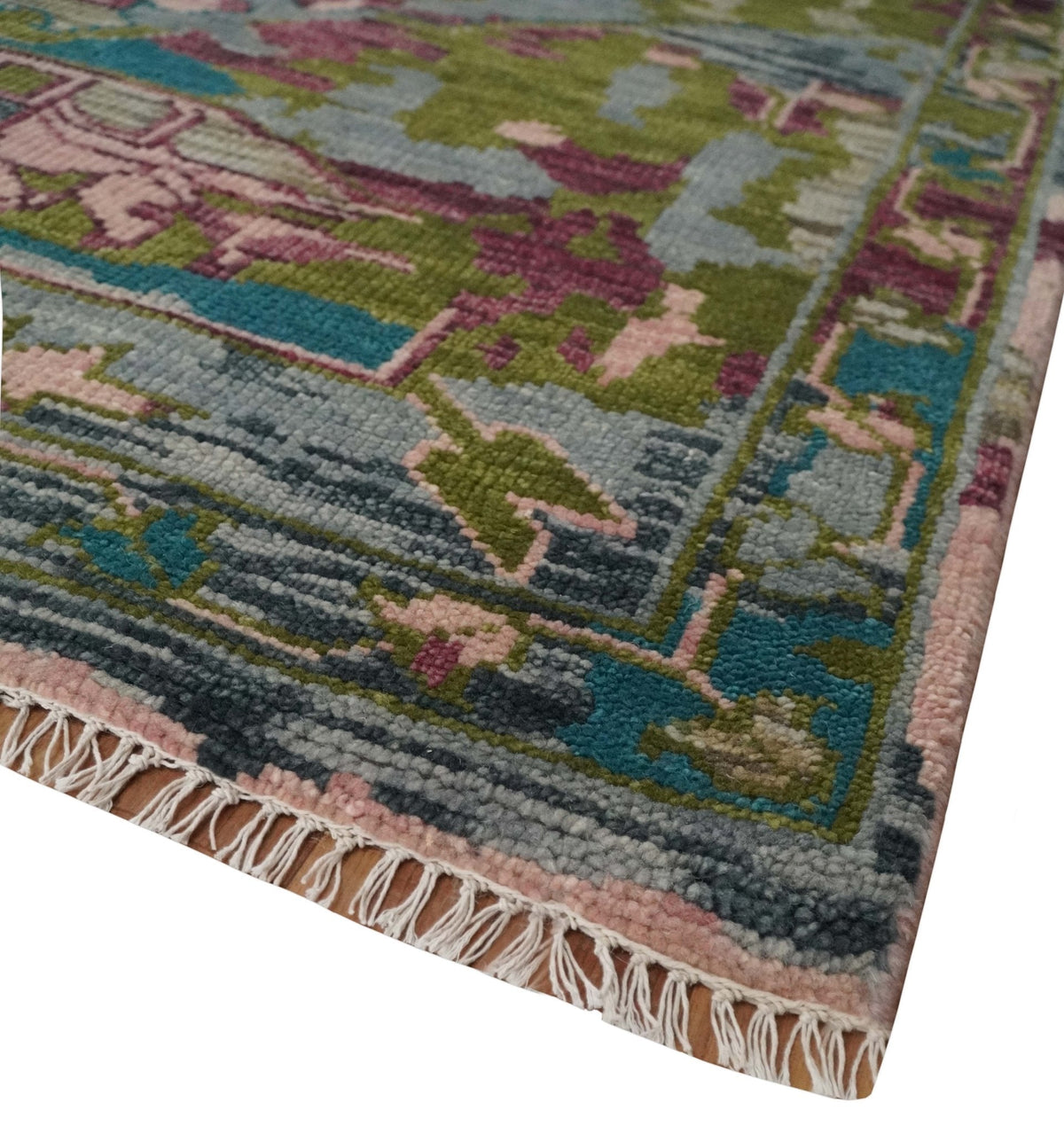 Custom Made Hand Knotted Transitional Green, Pink and Purple wool Area Rug.