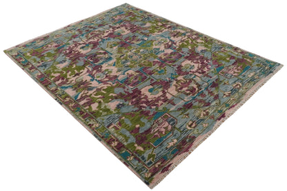 Custom Made Hand Knotted Transitional Green, Pink and Purple wool Area Rug.