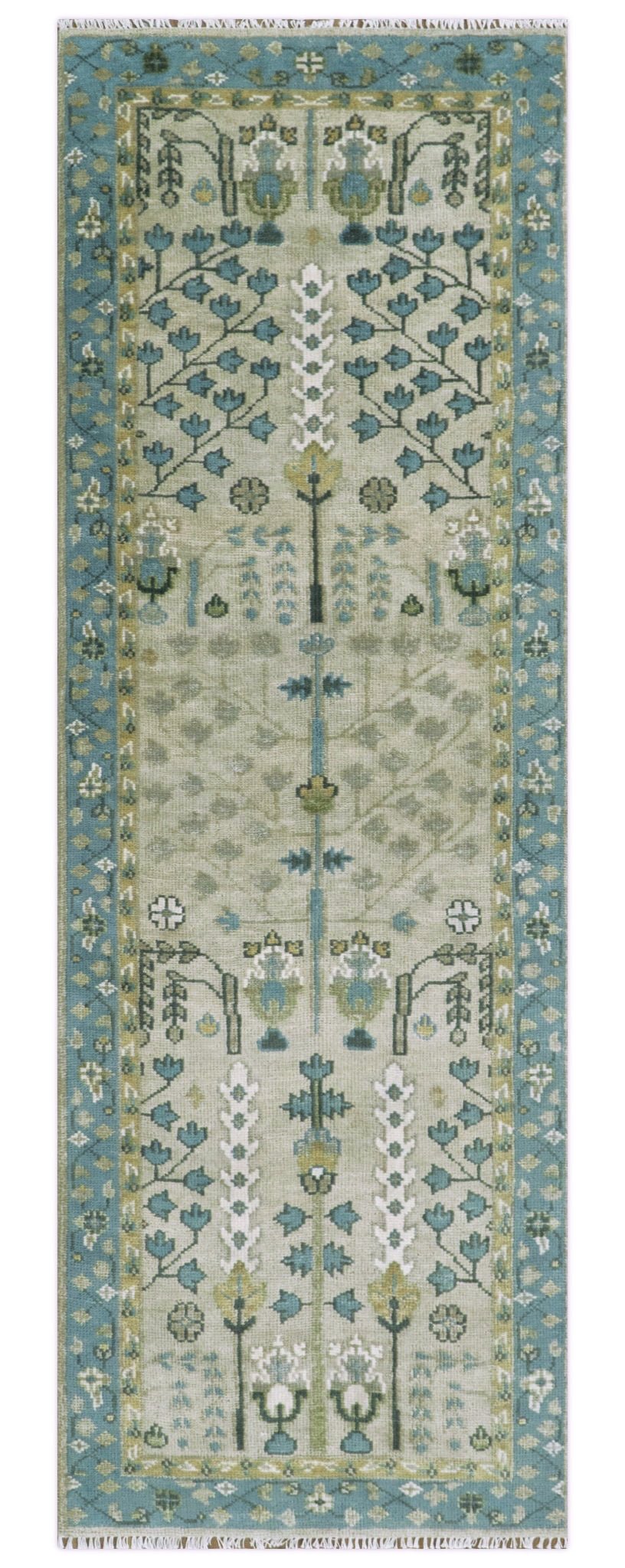 Custom Made Hand Knotted Tree of Life Beige And Blue Runner Wool Rug.