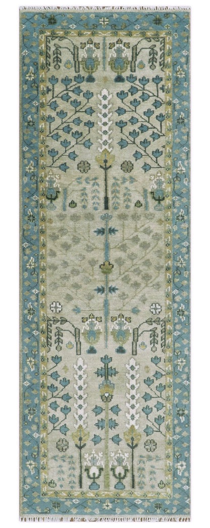 Custom Made Hand Knotted Tree of Life Beige And Blue Runner Wool Rug.