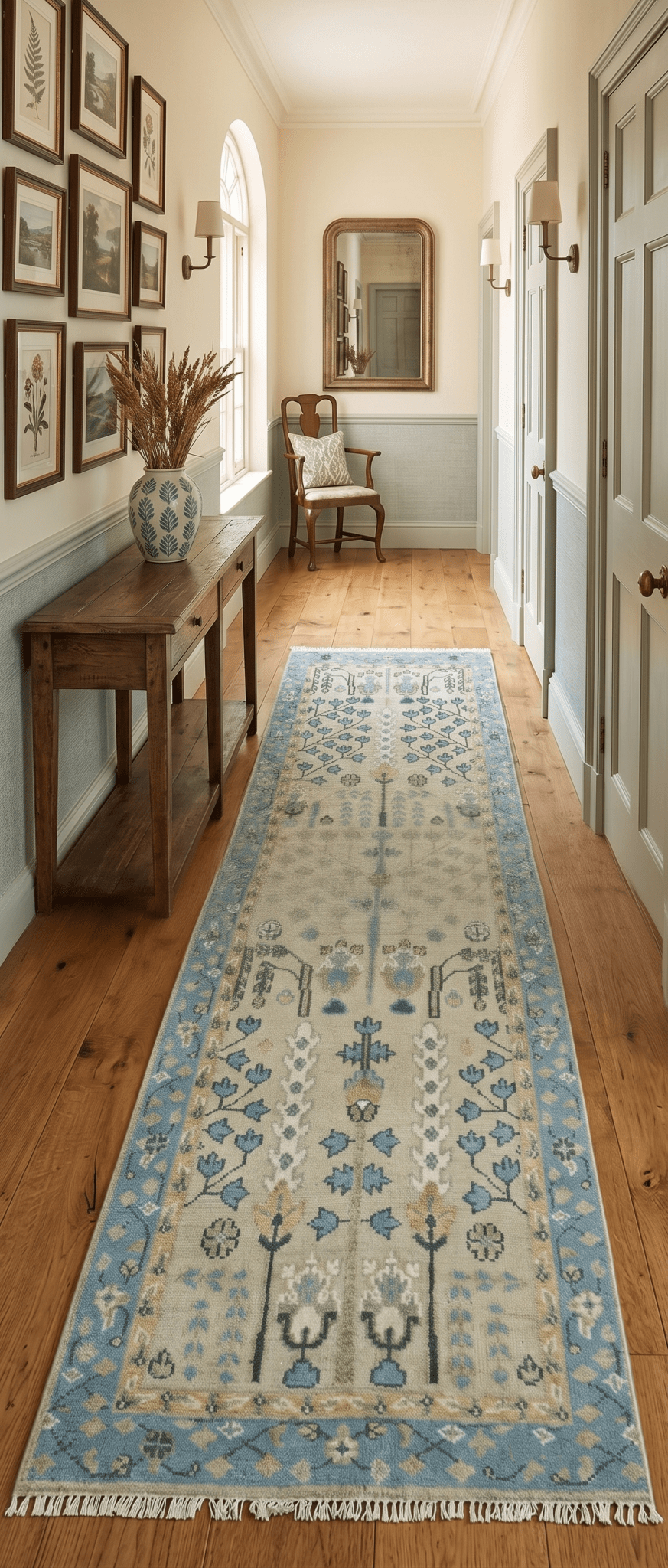 Custom Made Hand Knotted Tree of Life Beige And Blue Runner Wool Rug.