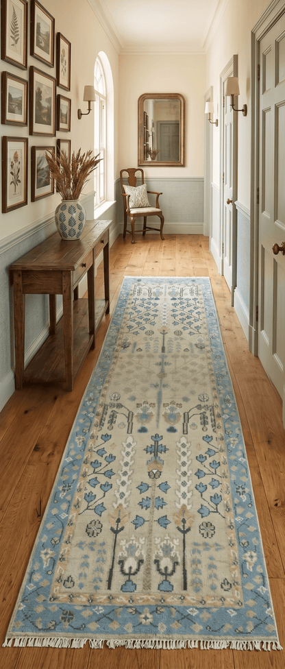 Custom Made Hand Knotted Tree of Life Beige And Blue Runner Wool Rug.