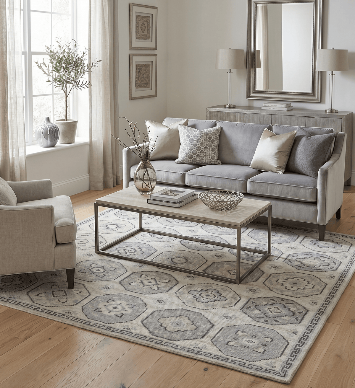Custom Made Hand Knotted Turkish Beige and Gray Area Wool Rug.