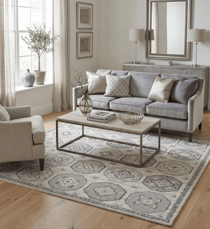 Custom Made Hand Knotted Turkish Beige and Gray Area Wool Rug.
