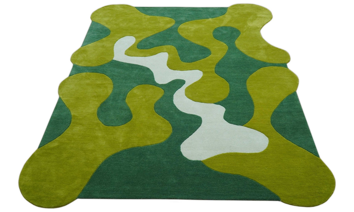 Custom Made Hand Tufted Green Modern Abstract Design Wool shape Rug.