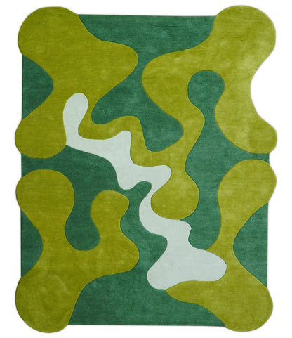 Custom Made Hand Tufted Green Modern Abstract Design Wool shape Rug.