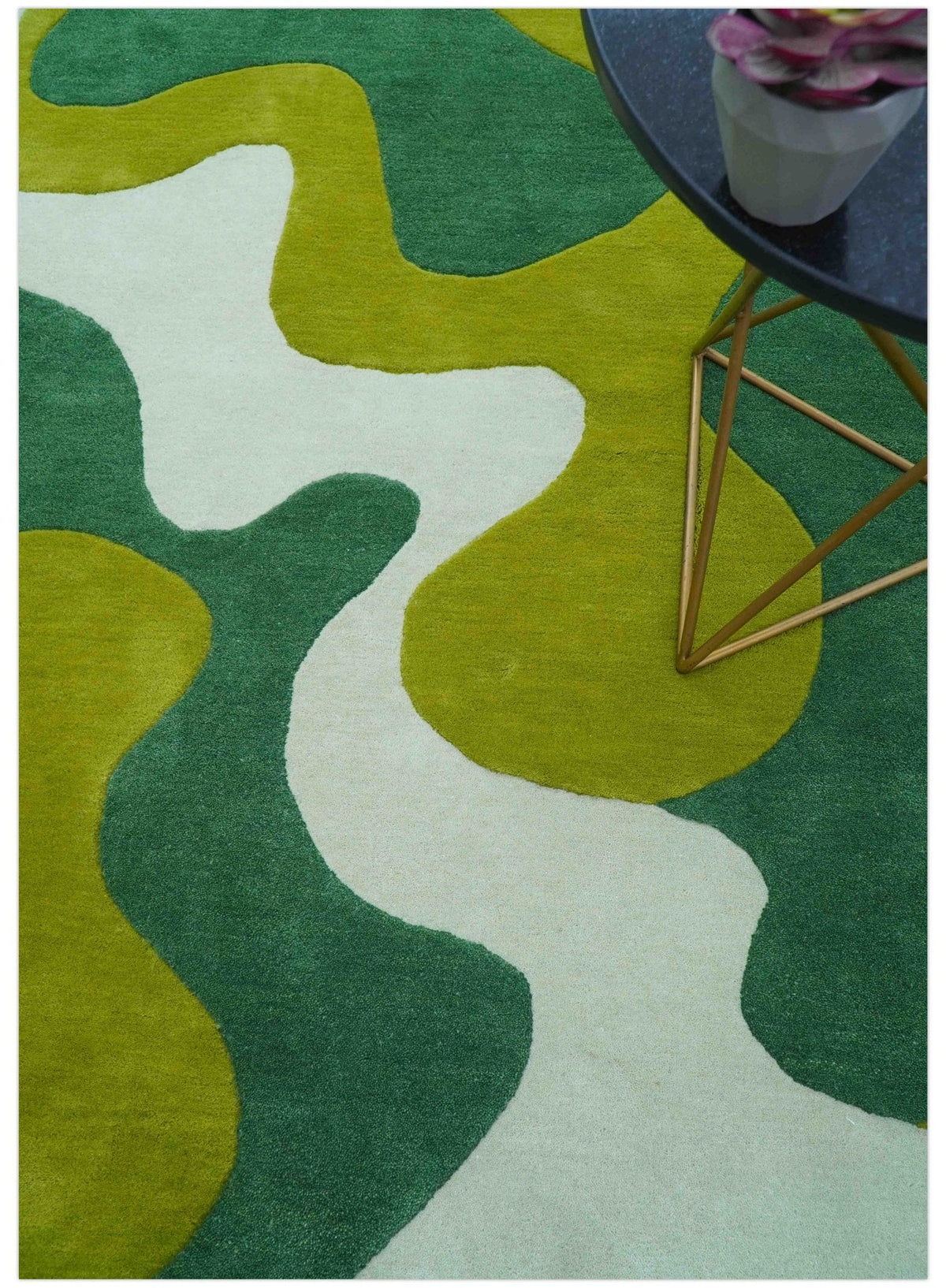 Custom Made Hand Tufted Green Modern Abstract Design Wool shape Rug.
