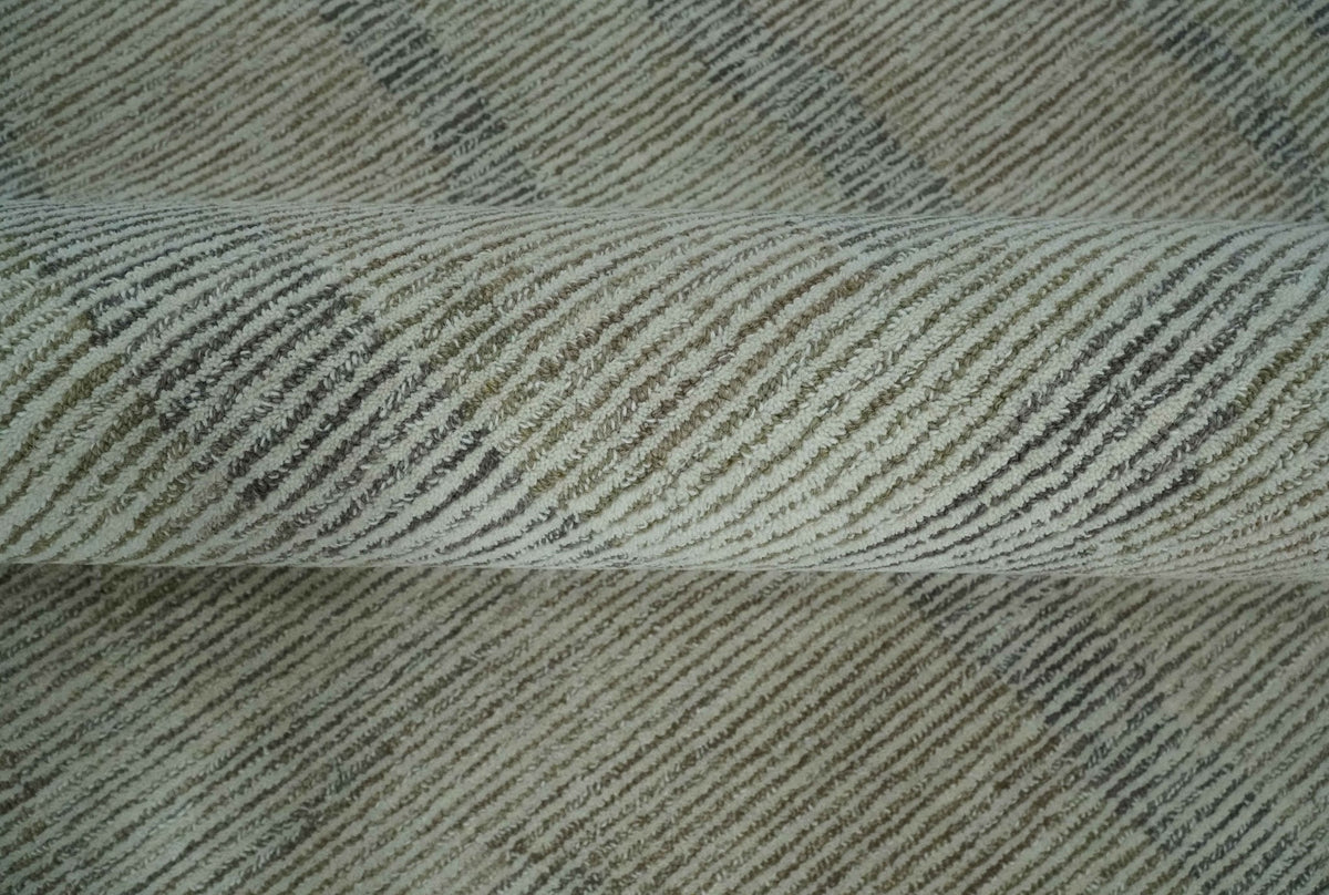 Custom Made Hand Tufted Ivory, Olive and Charcoal Modern Abstract Stripes Design Rug.
