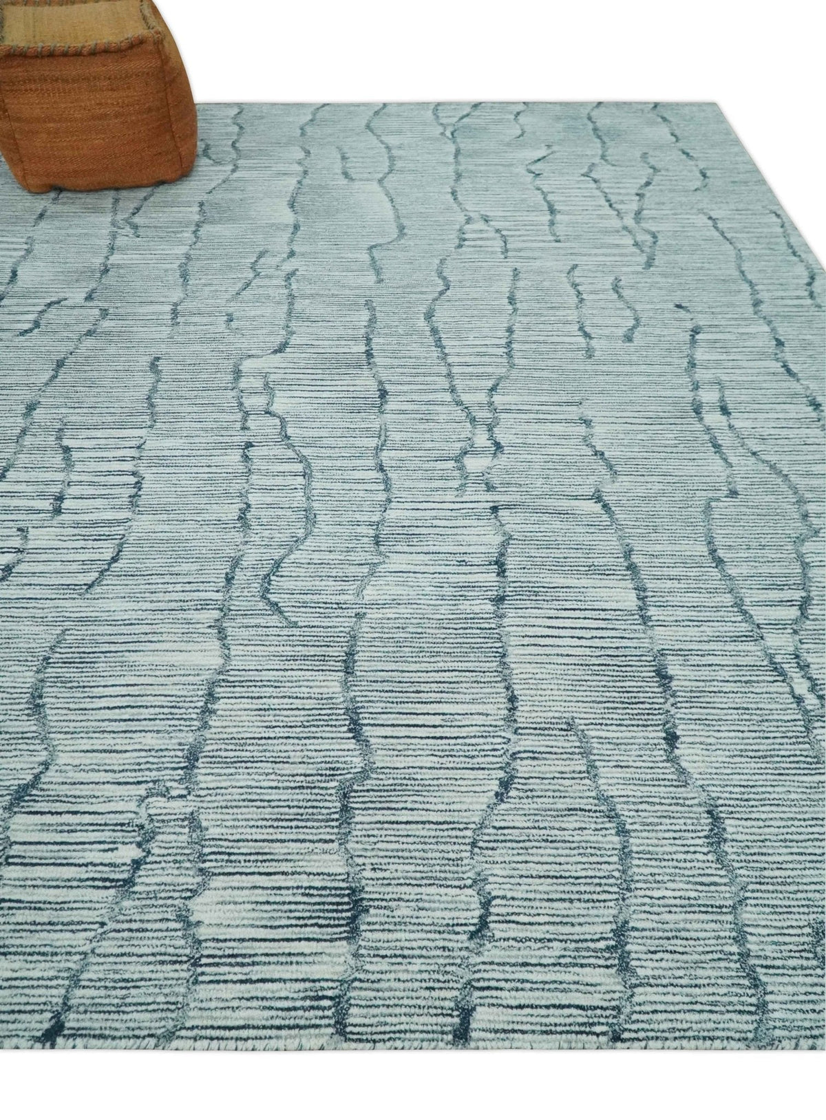 Custom Made Hand Tufted Multi Size Woolen Modern Ivory and Blue Area Rug.