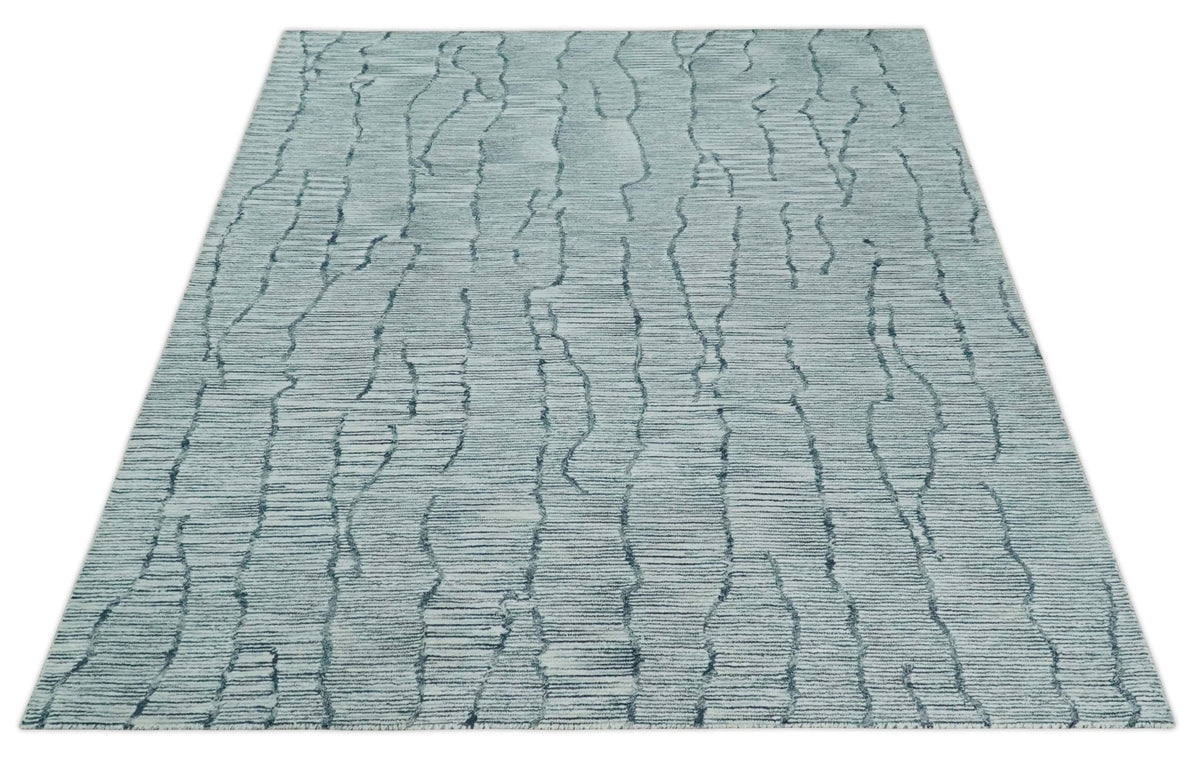 Custom Made Hand Tufted Multi Size Woolen Modern Ivory and Blue Area Rug.