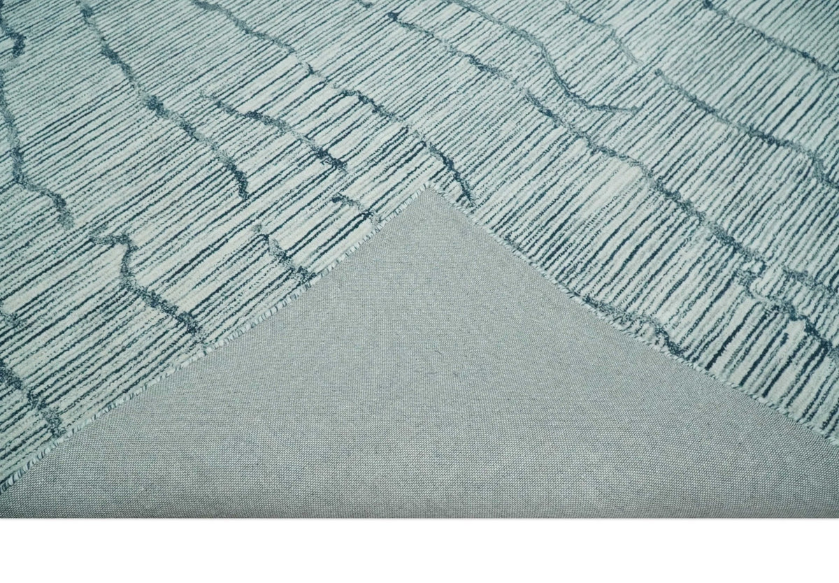Custom Made Hand Tufted Multi Size Woolen Modern Ivory and Blue Area Rug.