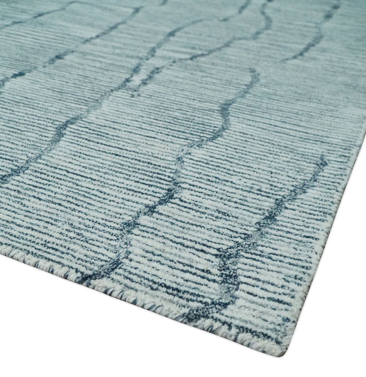 Custom Made Hand Tufted Multi Size Woolen Modern Ivory and Blue Area Rug.