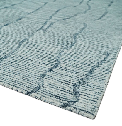 Custom Made Hand Tufted Multi Size Woolen Modern Ivory and Blue Area Rug.