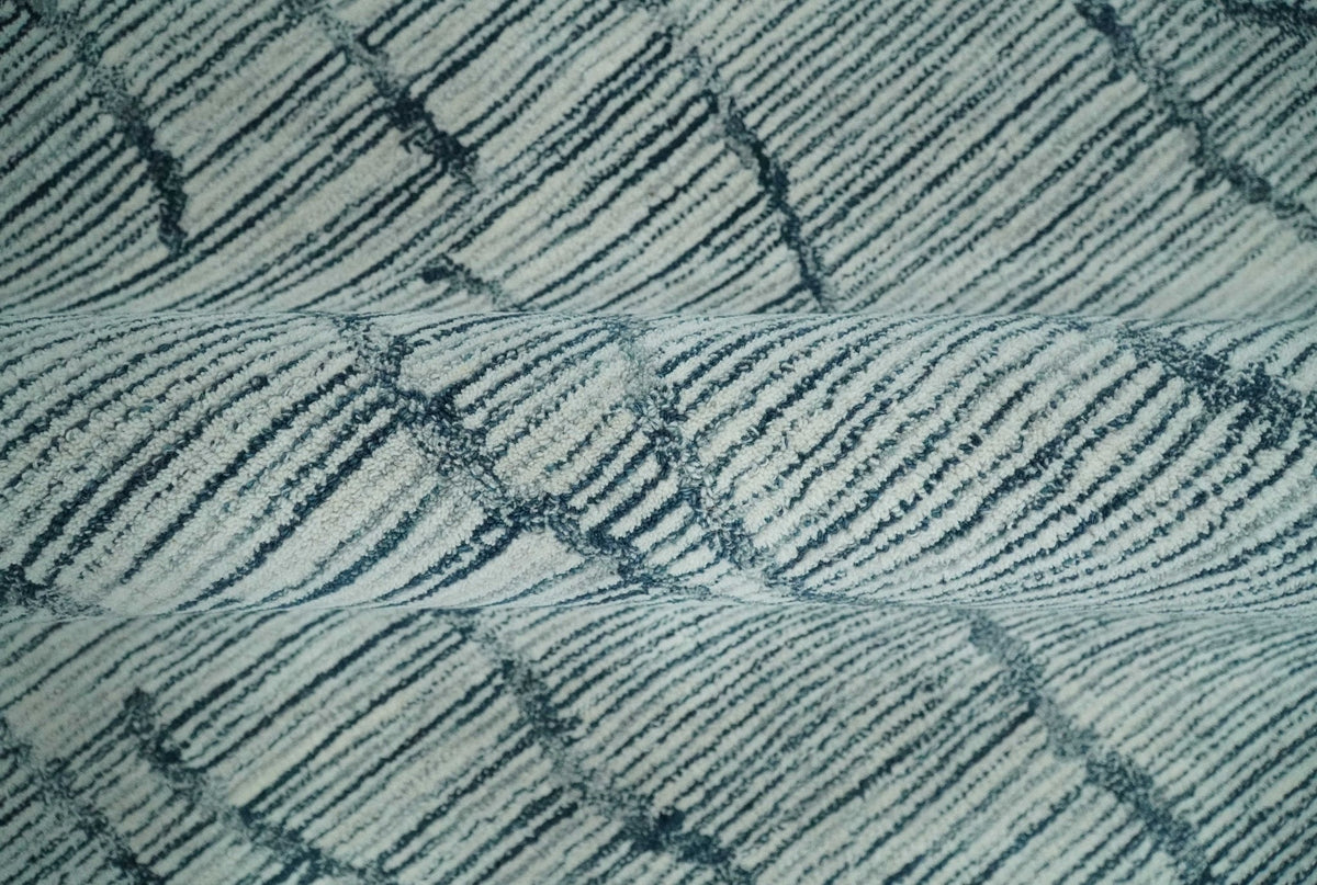 Custom Made Hand Tufted Multi Size Woolen Modern Ivory and Blue Area Rug.