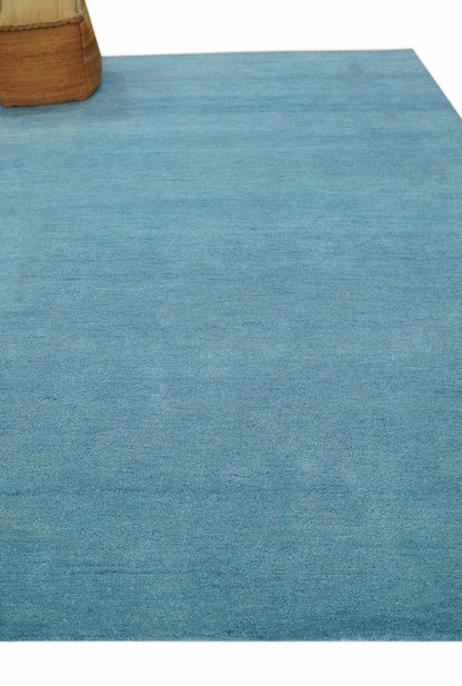 Custom Made Hand Tufted Solid Plane Light Blue Woolen wool Area Rug.