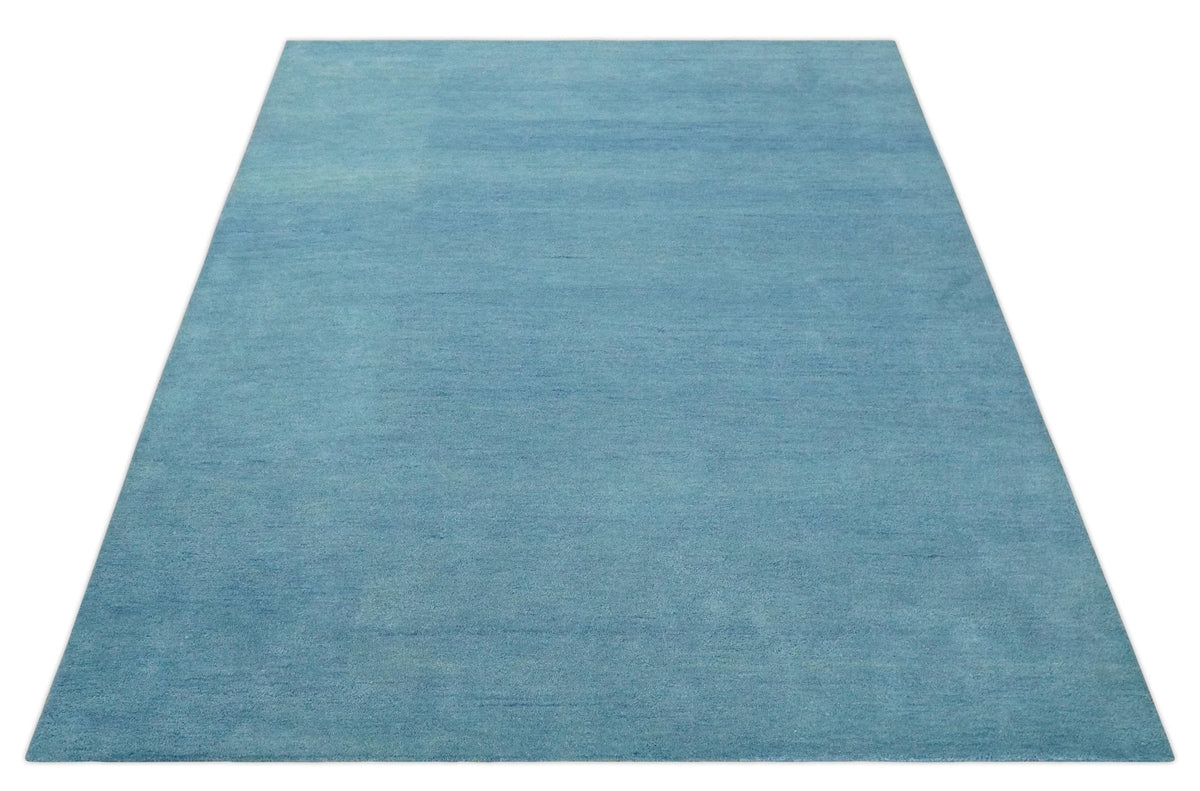 Custom Made Hand Tufted Solid Plane Light Blue Woolen wool Area Rug.