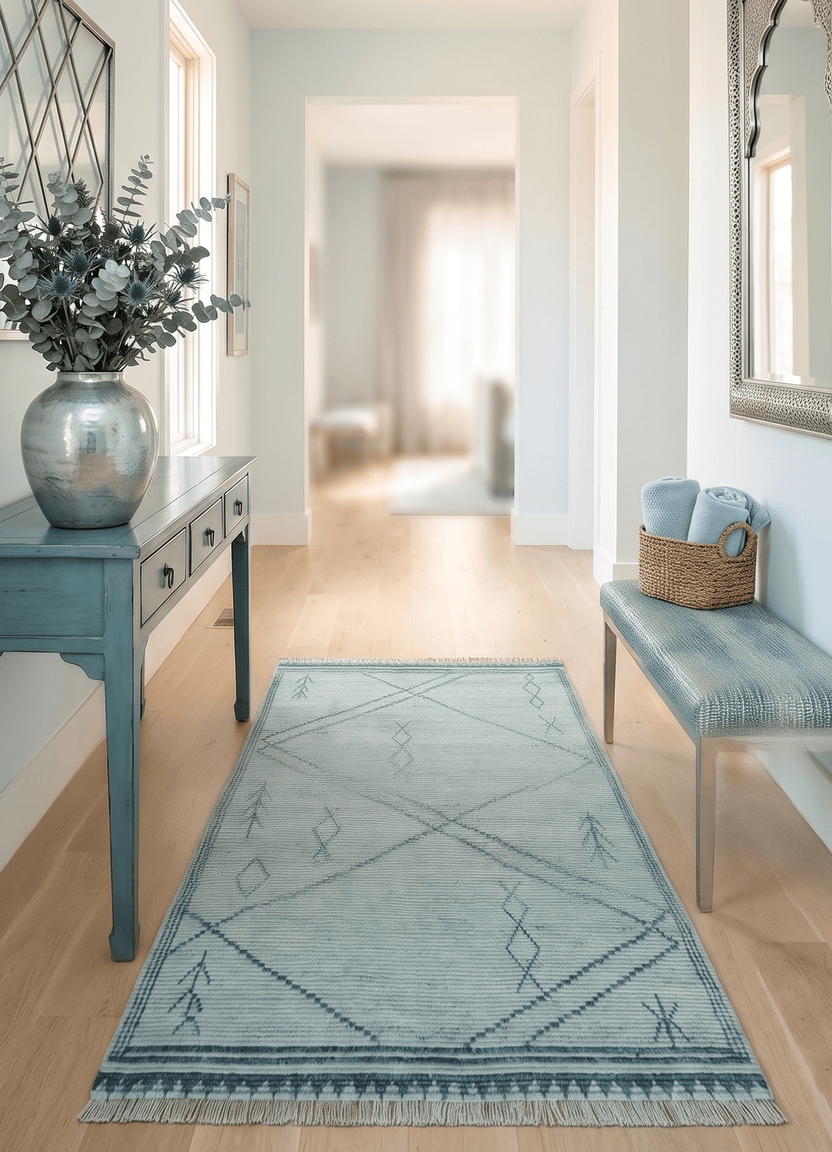 Custom Made Hand Woven Blue Abstract Trellis Moroccan Rug Made with Blended Wool.
