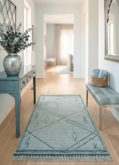 Custom Made Hand Woven Blue Abstract Trellis Moroccan Rug Made with Blended Wool.