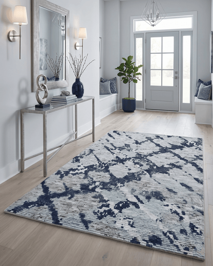 Custom Made Hand Woven Silver And Blue Abstract Trellis Moroccan Blended Wool Rug.