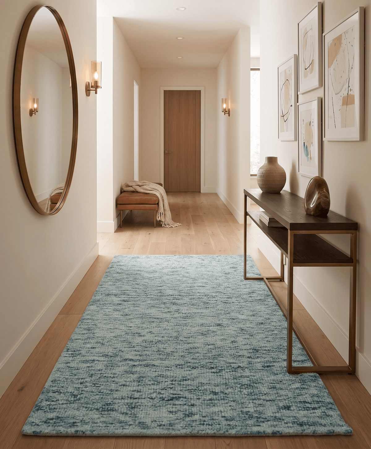 Custom Made Ivory and Blue Abstract Hand Tufted Wool Area Rug.