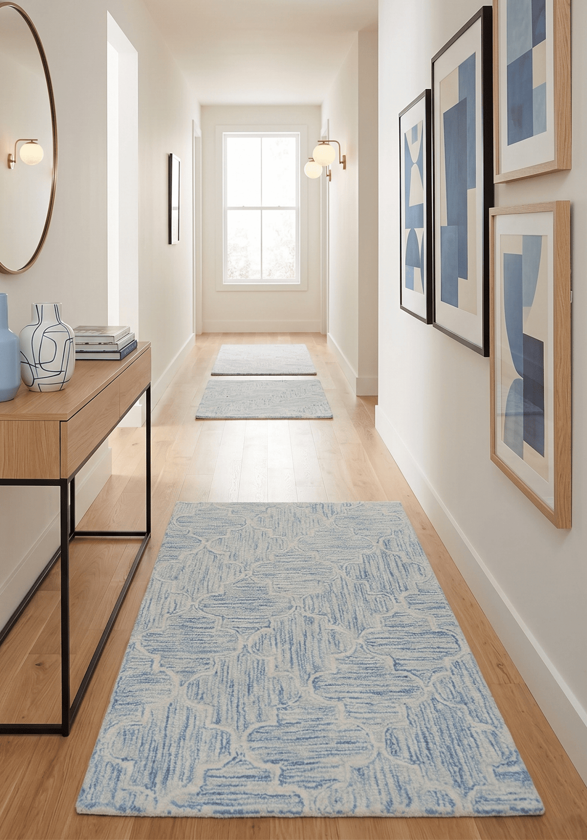Custom Made Ivory and Blue Modern Geometric Hand Tufted Natural Wool Area Rug.